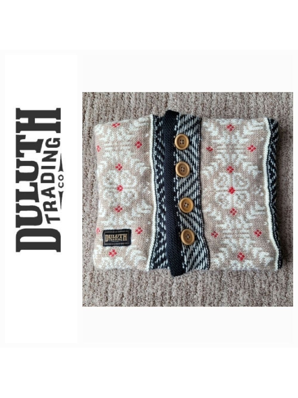 DULUTH TRADING CO FAIR ISLE KNIT NECK WARMER SHERPA BUTTON UP COZY WARM ONE SIZE